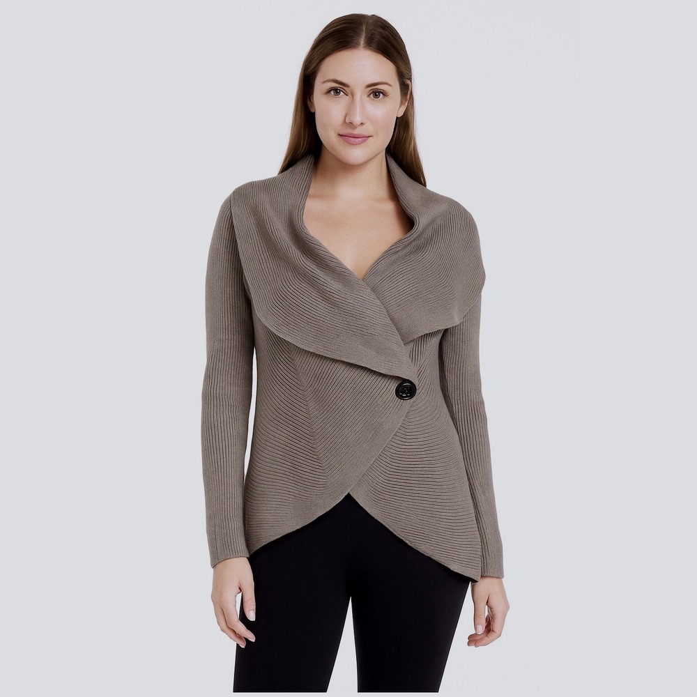 KENAR Ribbed Knit M Taupe Asymmetrical Button Closure Cardigan Lagenlook 61-37‎